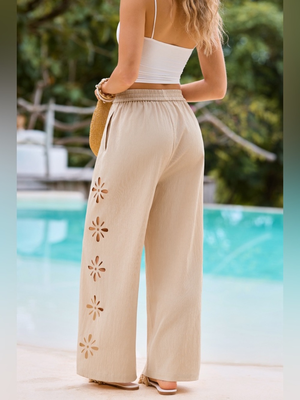 CUPSHE Enlightening Beige Pants Women’s Flowy Floral Drawstring - XL - NWT - Picture 4 of 15
